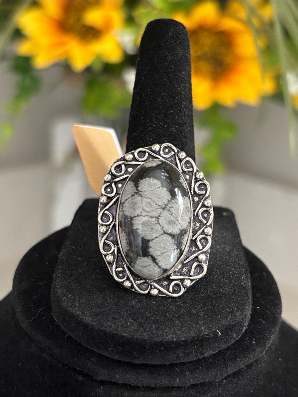 Snowflake Obsidian Oval Silver Statement Ring Size 9.5
